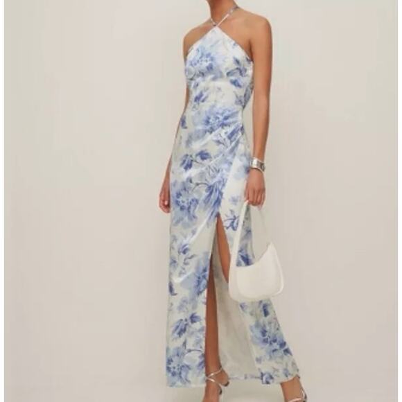 Reformation Myla Silk Maxi Dress Floral Meringue Blue White Size 8 NWT - Picture 1 of 12